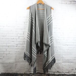 SAX GREY & WHITE STRIPE SLEEVELESS ASYMETRICAL CARDIGAN DUSTER STYLE SWEATER